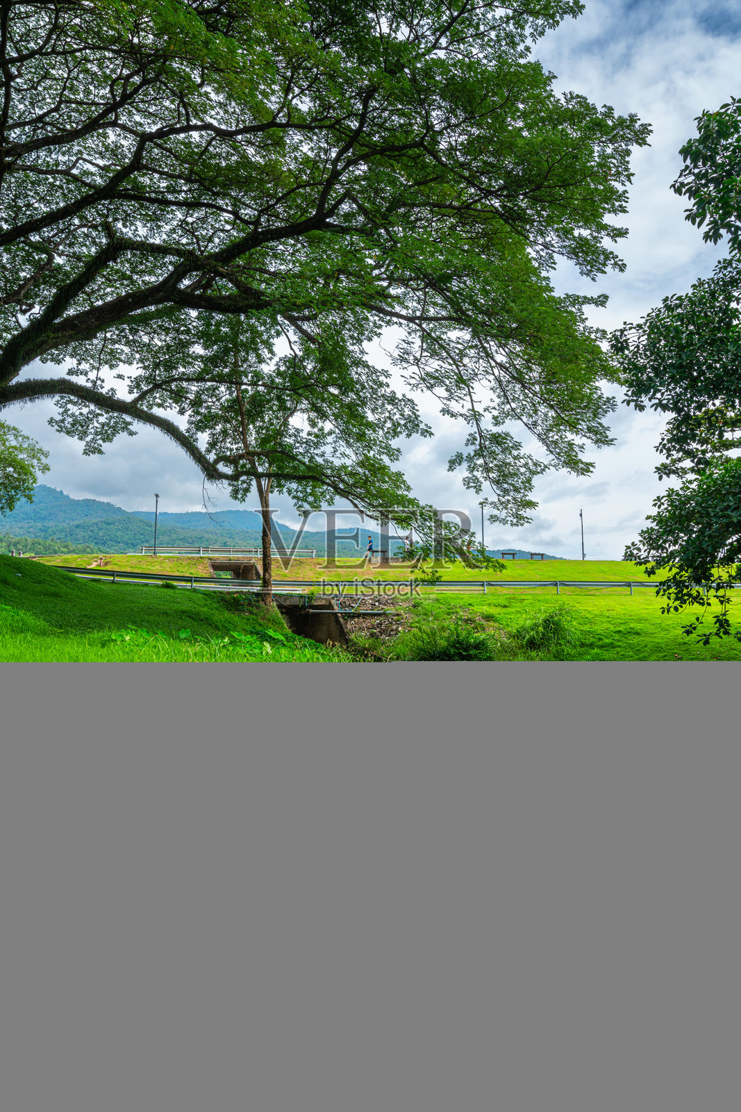 泰国清迈大学的兰纳风格的Ang Kaew湖，以及素贴山旁的自然森林山景，春季多云的天空背景带有白云，适合休闲旅行的公共场所景观。照片摄影图片