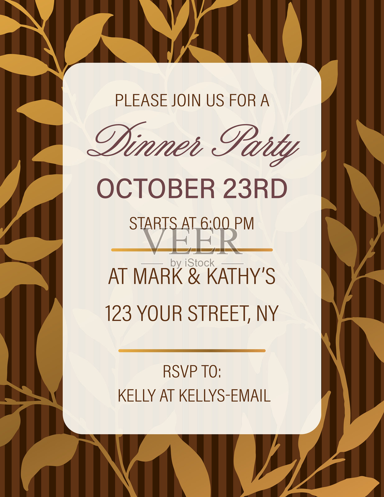 金色藤蔓装饰的派对邀请函模板，背景为深棕色插画图片素材