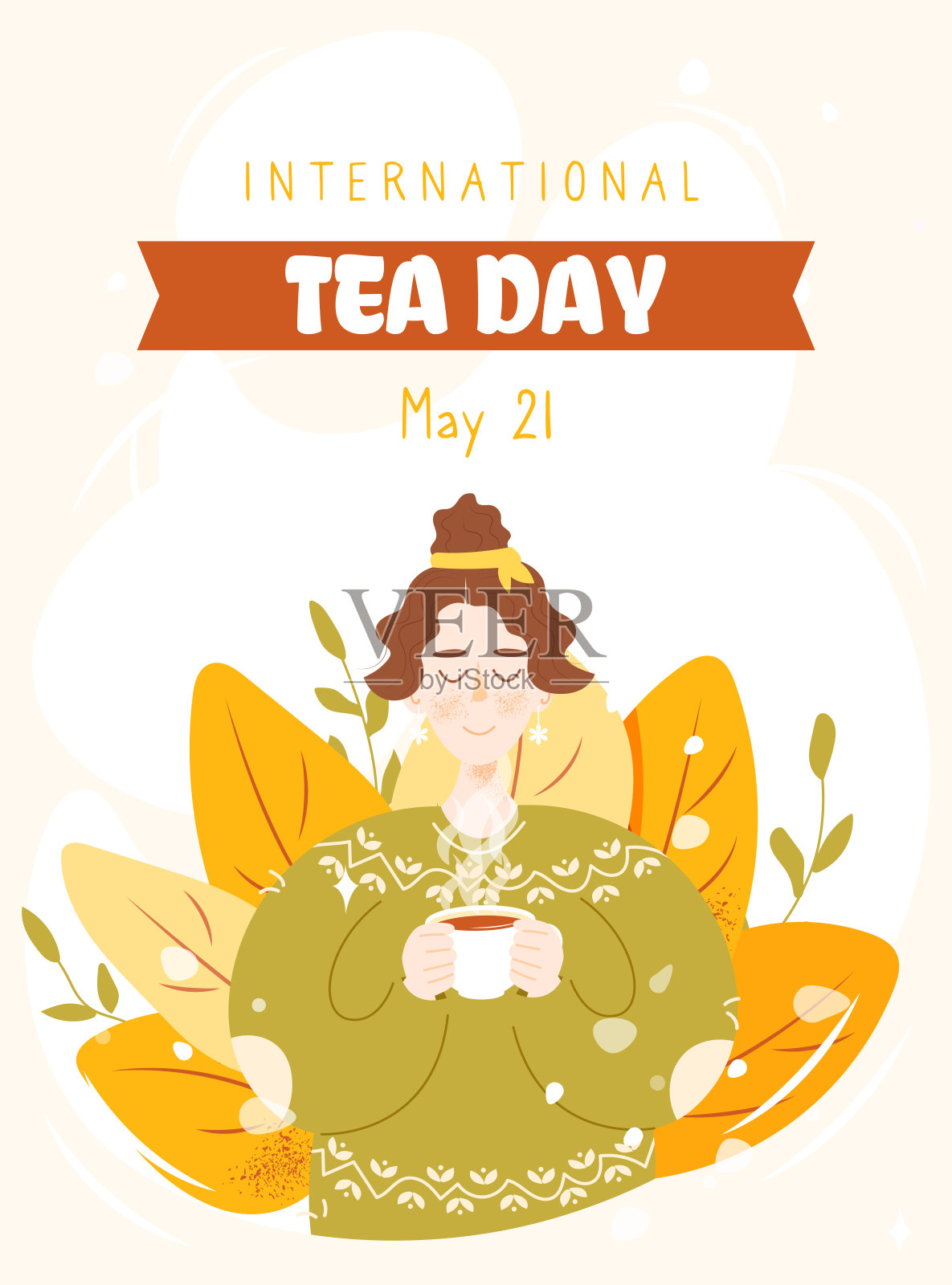 5月21日国际茶日矢量插画，可爱女孩手持茶杯，扁平手绘卡通风格。适用于竖版海报、横幅、传单、卡片等。插画图片素材