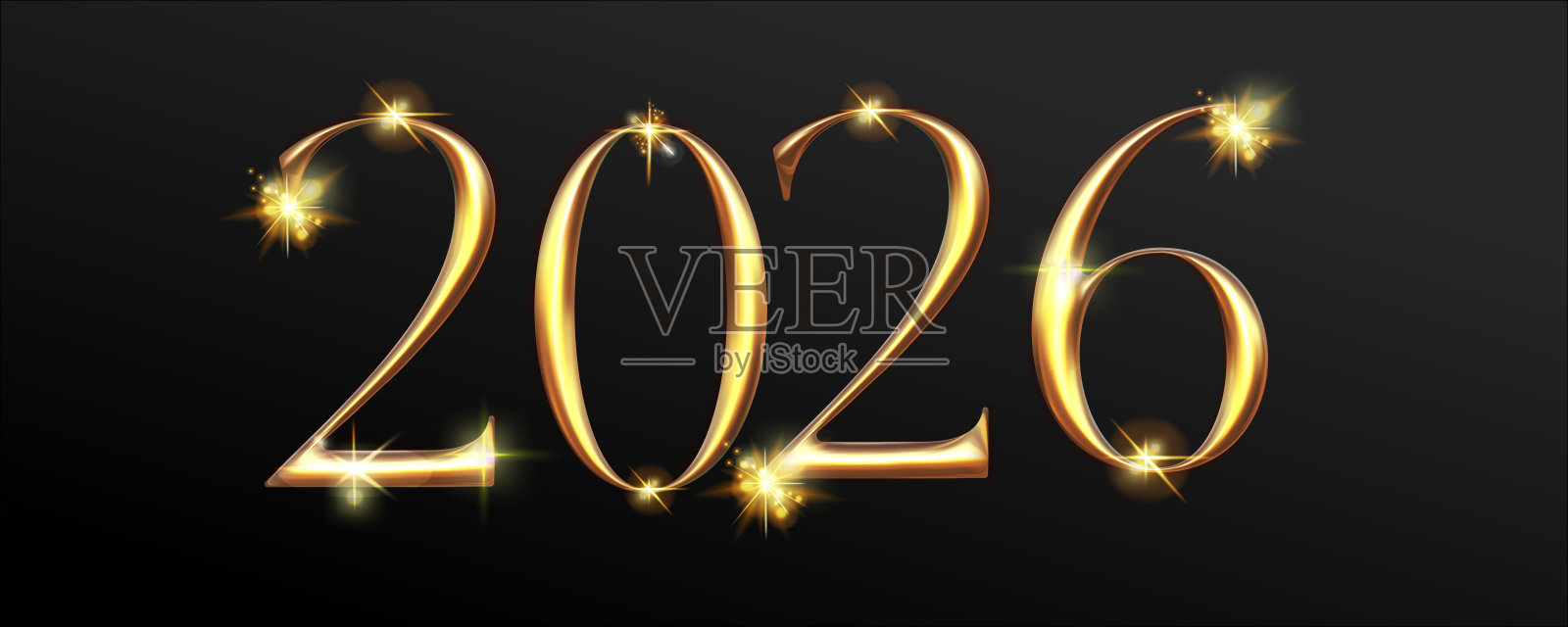 闪耀的星星和2026金色背景。金色2026，带有闪光和星星，用于圣诞设计。插画图片素材