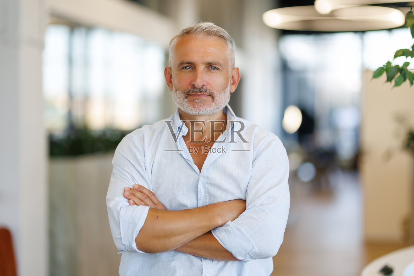 成功的中年男性企业家，在办公室的办公桌前坐着，双臂交叉，面带微笑看向镜头，留有空白空间。照片摄影图片