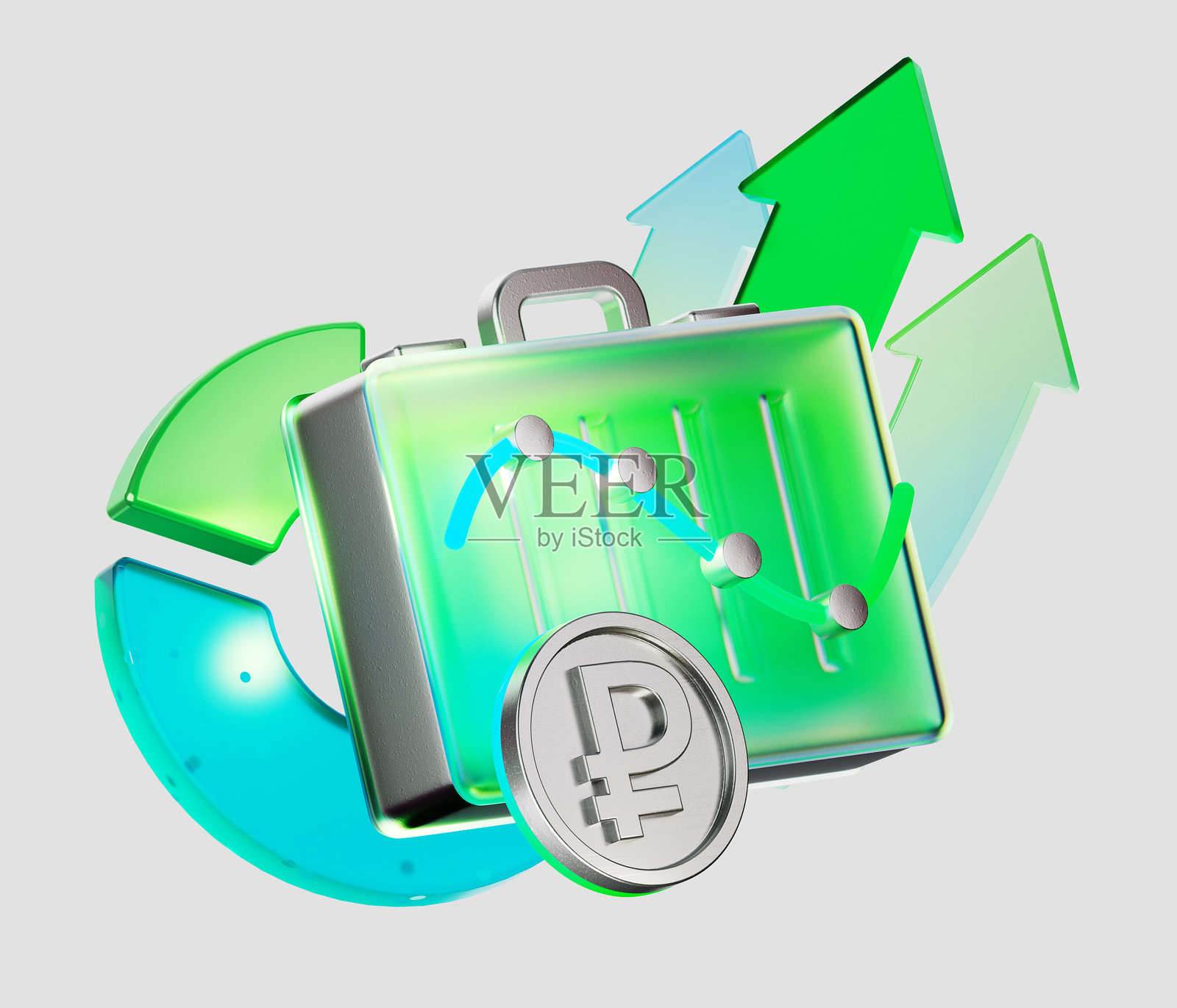 3D插画，一个发光的行李箱，里面装着卢布硬币、箭头和图表线，象征着投资、投资组合增长和商业成功。非常适合金融、银行和经济主题。照片摄影图片
