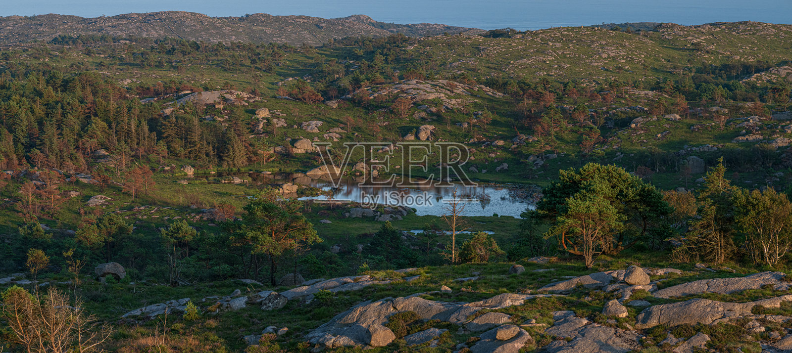 宁静的山景，有小湖和岩石森林。照片摄影图片