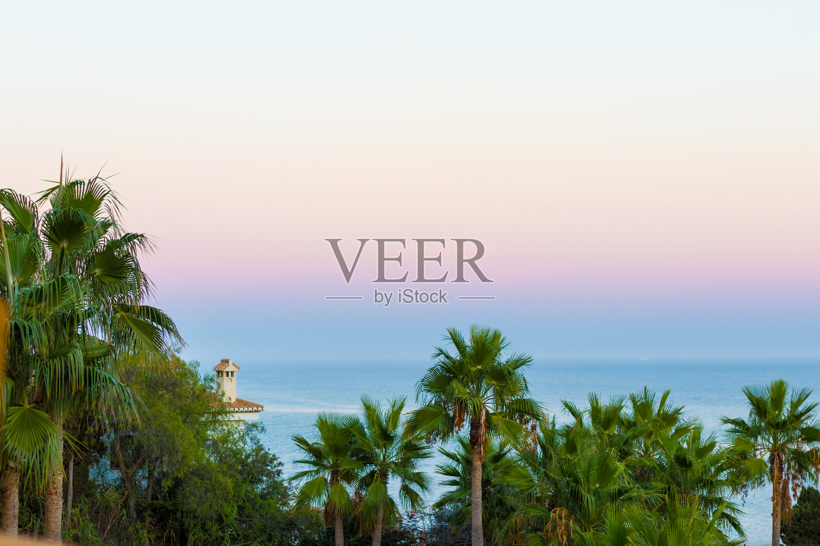 日落时分，棕榈树构成海景画框照片摄影图片