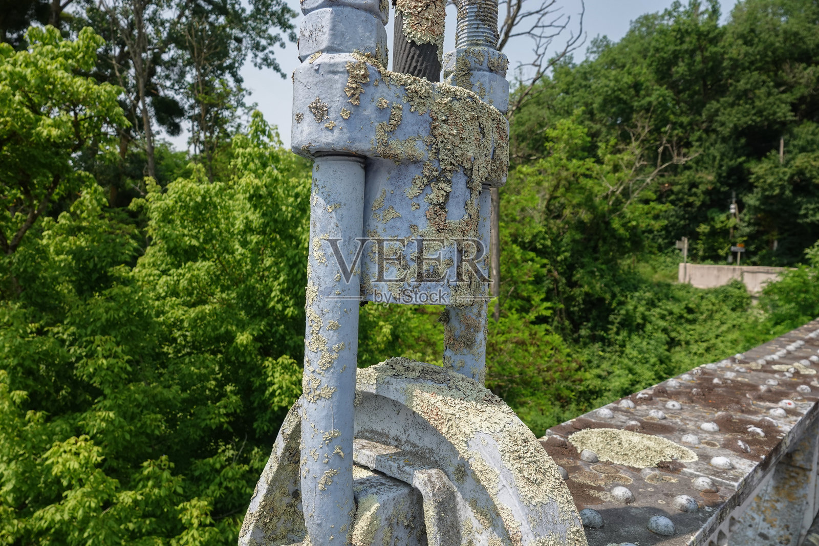 近距离的金属结构在桥上生长着地衣照片摄影图片