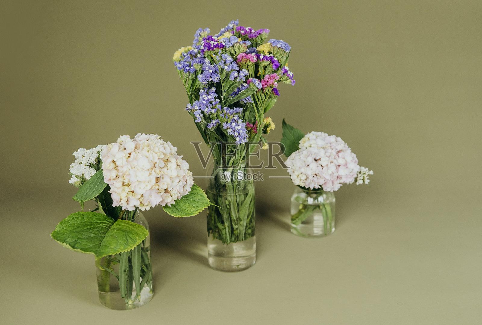 绿底绣球和勿忘我花束照片摄影图片