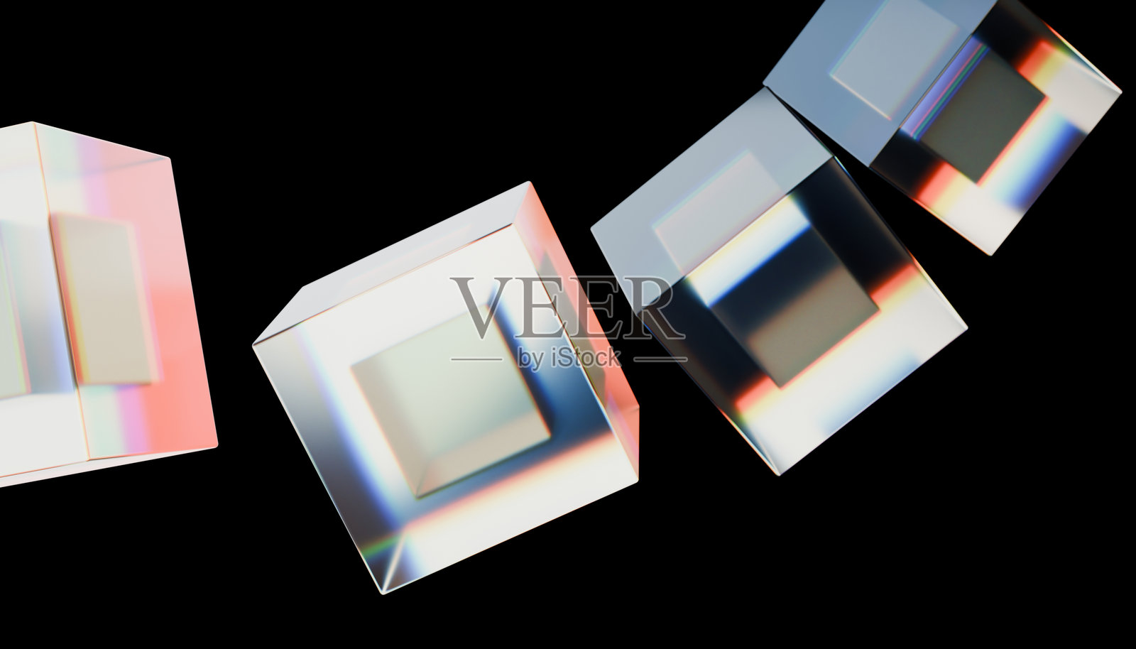 黑背景上抽象的透明立方体，带有多彩的反射，营造出现代和未来主义的美感。立方体似乎在漂浮，展示了光影的 interplay。照片摄影图片