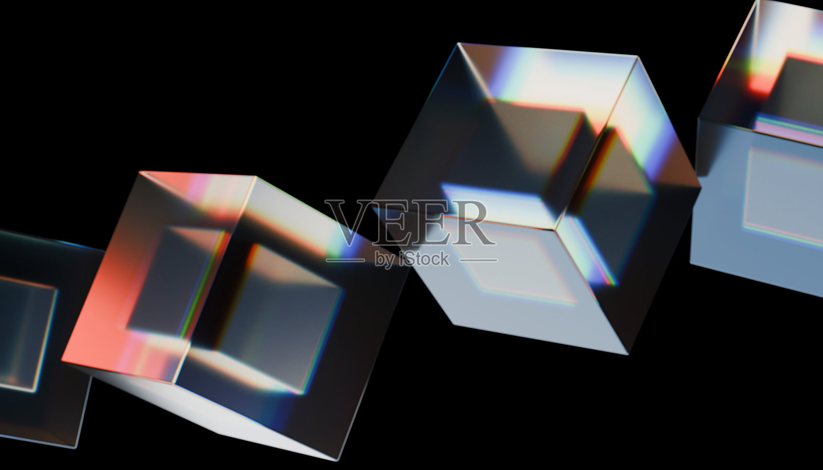 黑色背景上抽象的反射立方体，带有多彩的光线折射，营造出现代和未来主义的美感照片摄影图片