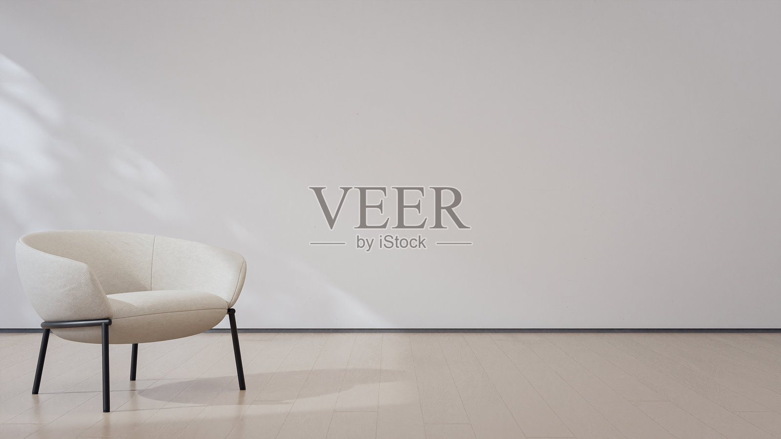 极简主义客厅的 3D 渲染图，配有现代扶手椅和中性白米色背景。照片摄影图片