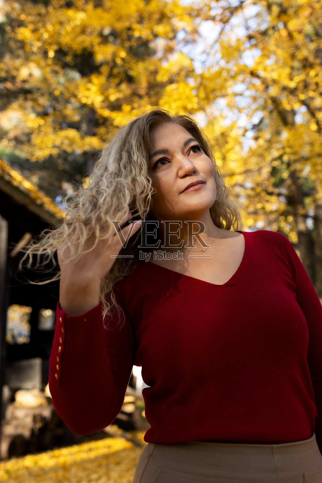 身穿酒红色套头衫，留着一头长卷发的女士肖像，摄于秋日户外。照片摄影图片