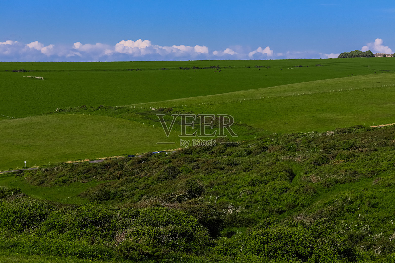 明亮的蓝天下，有白云点缀，绿色的连绵山丘点缀着田野和灌木丛。英格兰东萨塞克斯郡的乡村风光。照片摄影图片