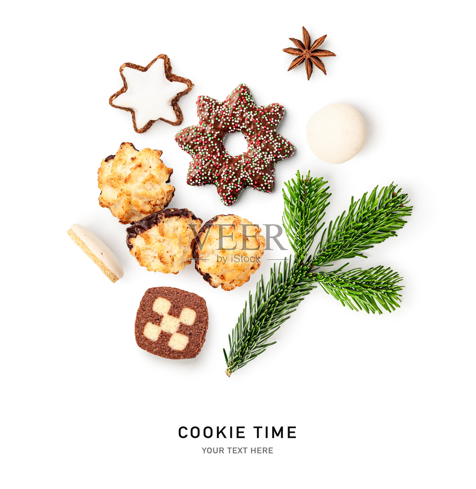 圣诞节自制饼干、茴香和冷杉树的摄影构图，孤立在白色背景上照片摄影图片