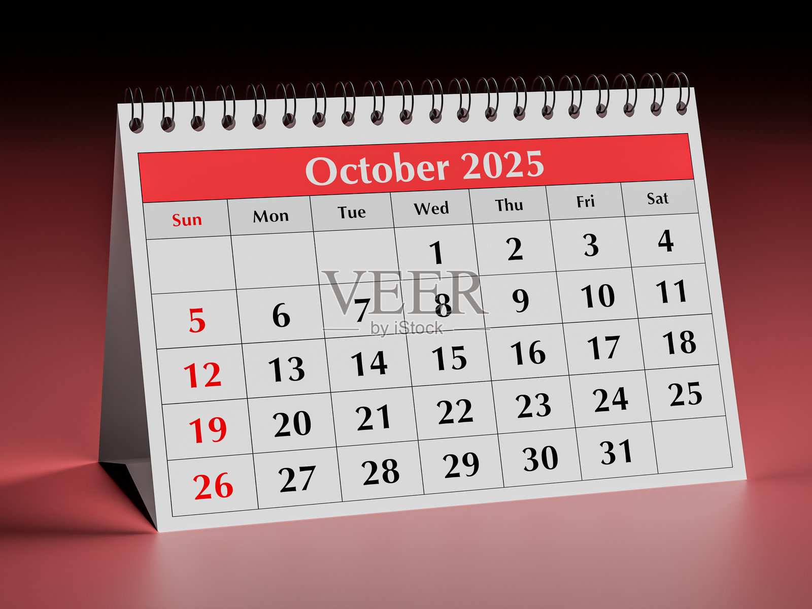 2025年10月日历。一年份的商务办公桌用月历，一页。照片摄影图片