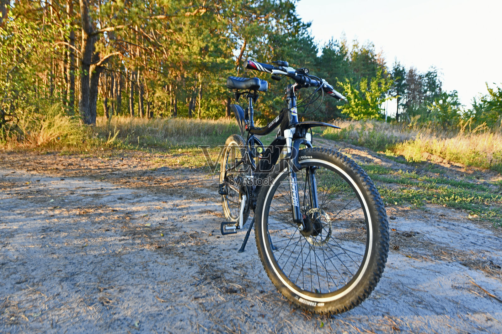 山地自行车在森林中骑行。照片摄影图片