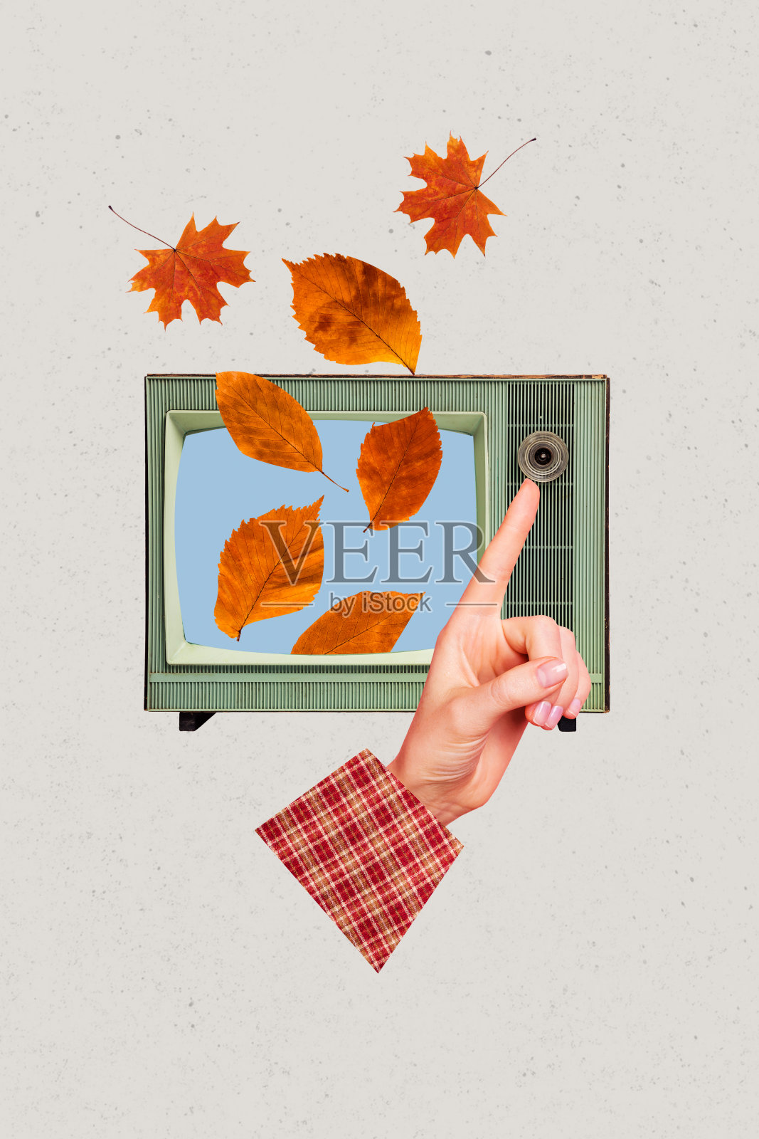 拼贴画风格的3D手部草图，食指按下电视开关按钮，背景为秋季落叶，描绘了九月公园散步的场景。照片摄影图片