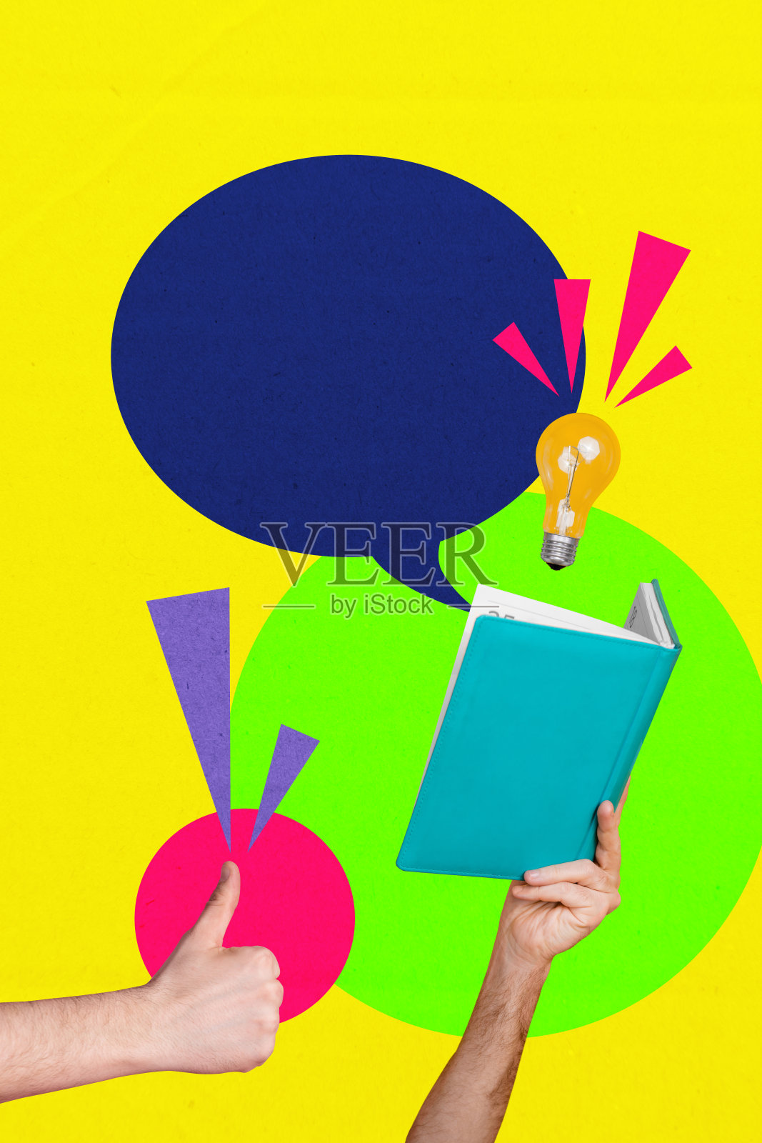 创意艺术模板草图，3D拼贴，手势大拇指，手持书籍，想法，知识，言语，交谈，对话，沟通气泡照片摄影图片