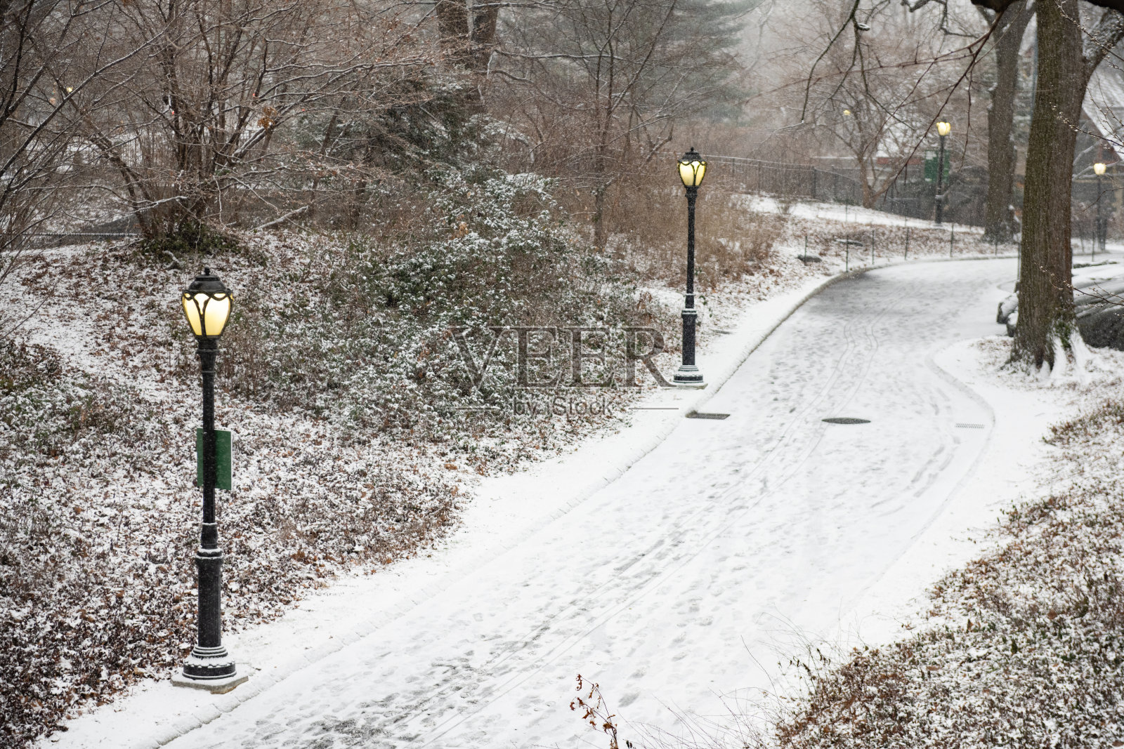 纽约市雪天中央公园的风景冬季景观照片摄影图片