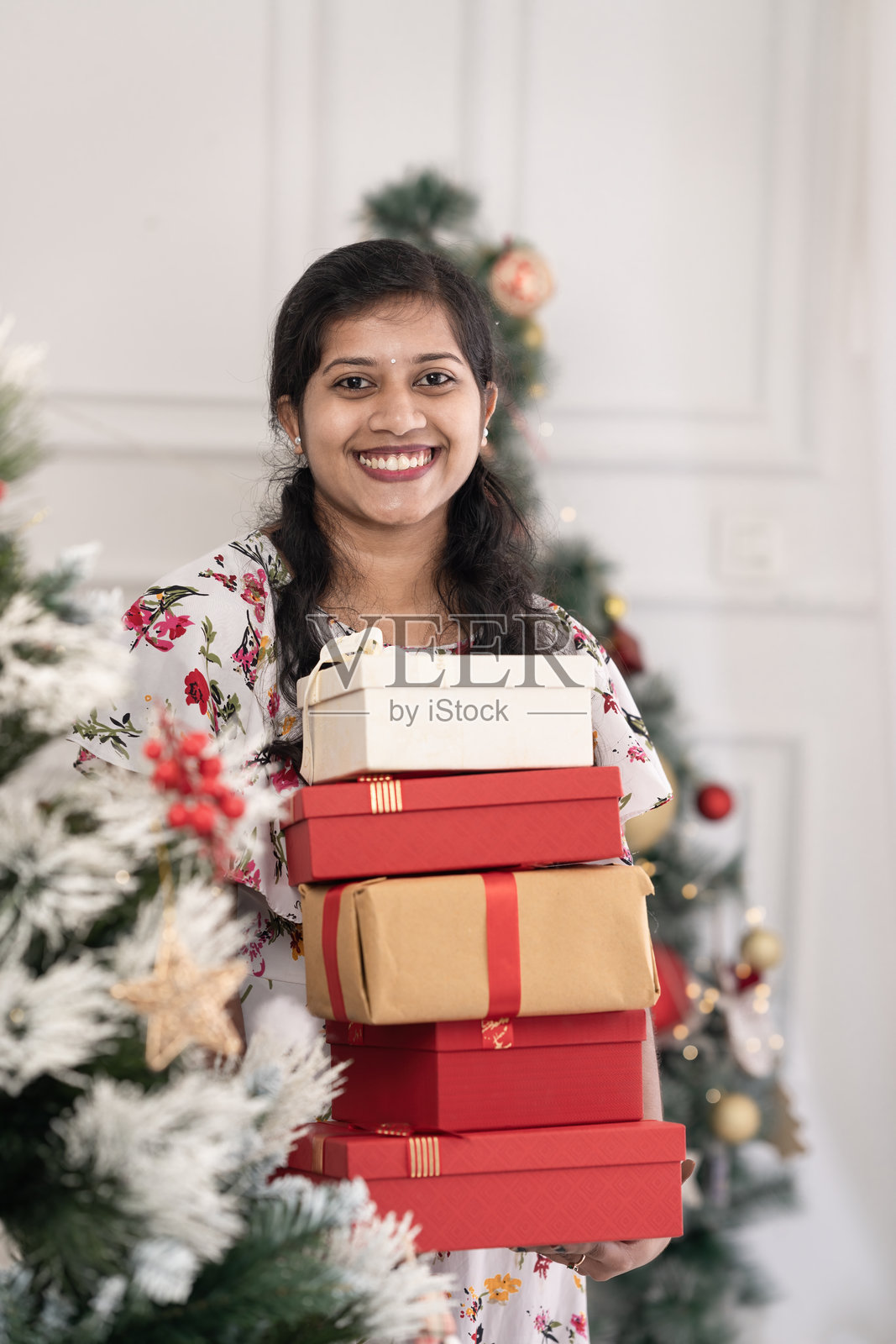 圣诞背景下的印度南部女孩 2025照片摄影图片