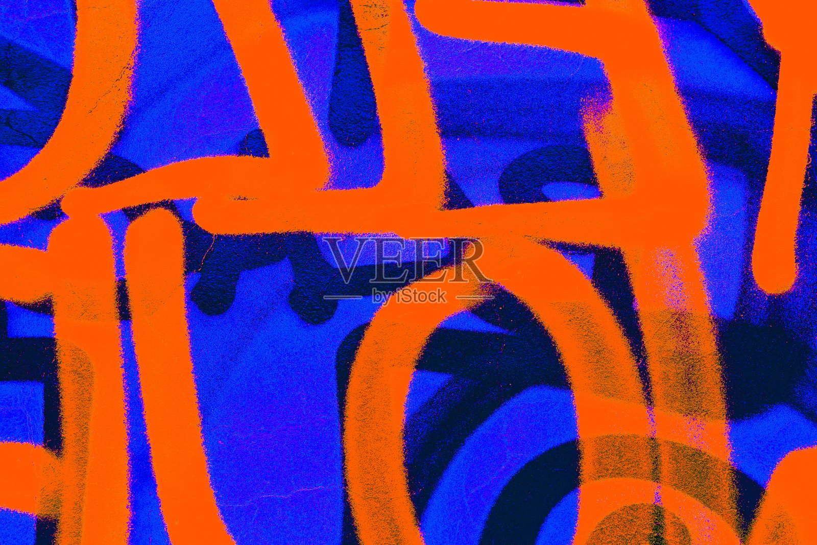 90年代复古都市艺术风格的鲜艳抽象涂鸦图案，采用霓虹橙色和蓝色照片摄影图片