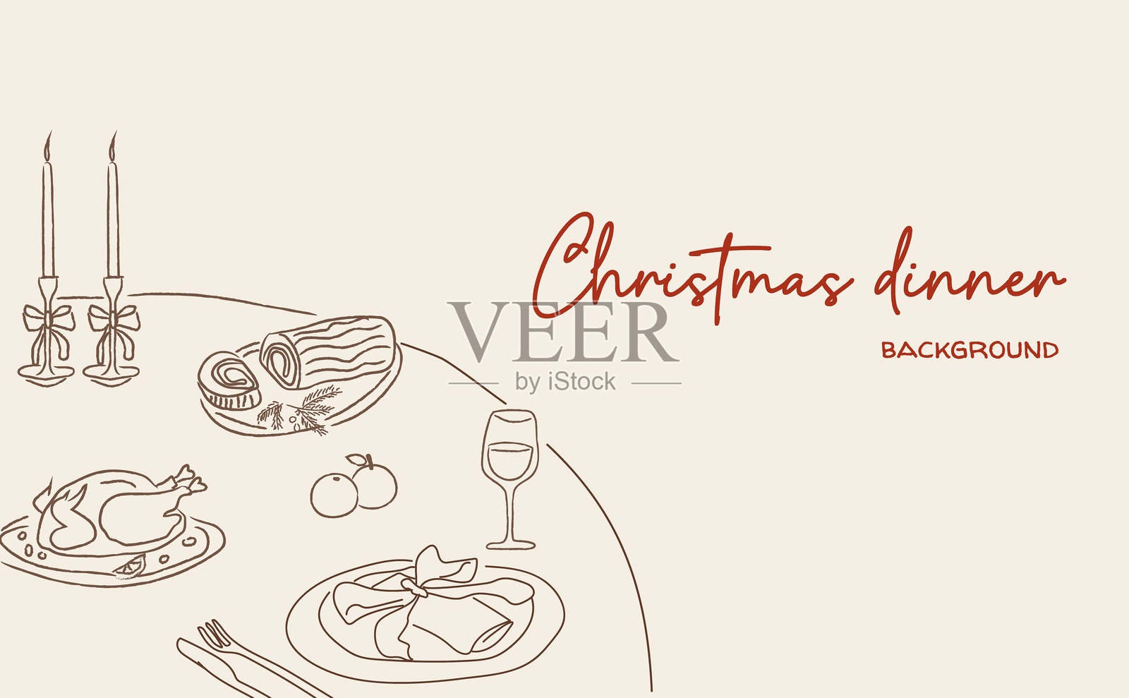 异想天开的复古圣诞晚宴插画，配有节日餐桌、烤火鸡、耶诞柴蛋糕、蜡烛和葡萄酒。节日背景、横幅、卡片或菜单模板。矢量图。插画图片素材