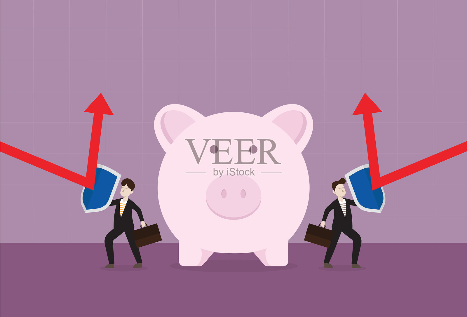 两位商人用盾牌保护小猪存钱罐，抵御红色箭头的攻击插画图片素材