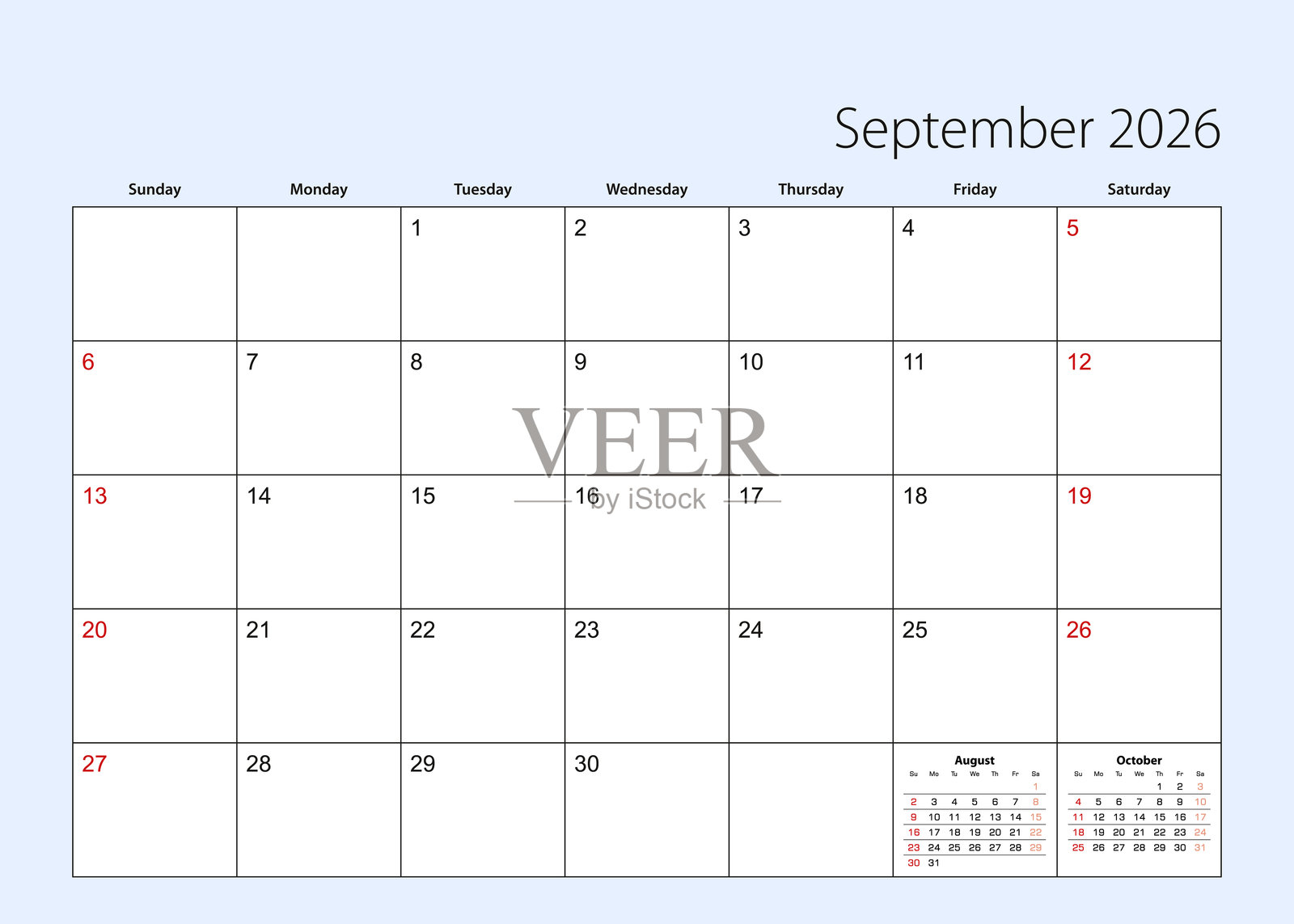 2026年9月墙历计划表，英文，星期日开始。插画图片素材
