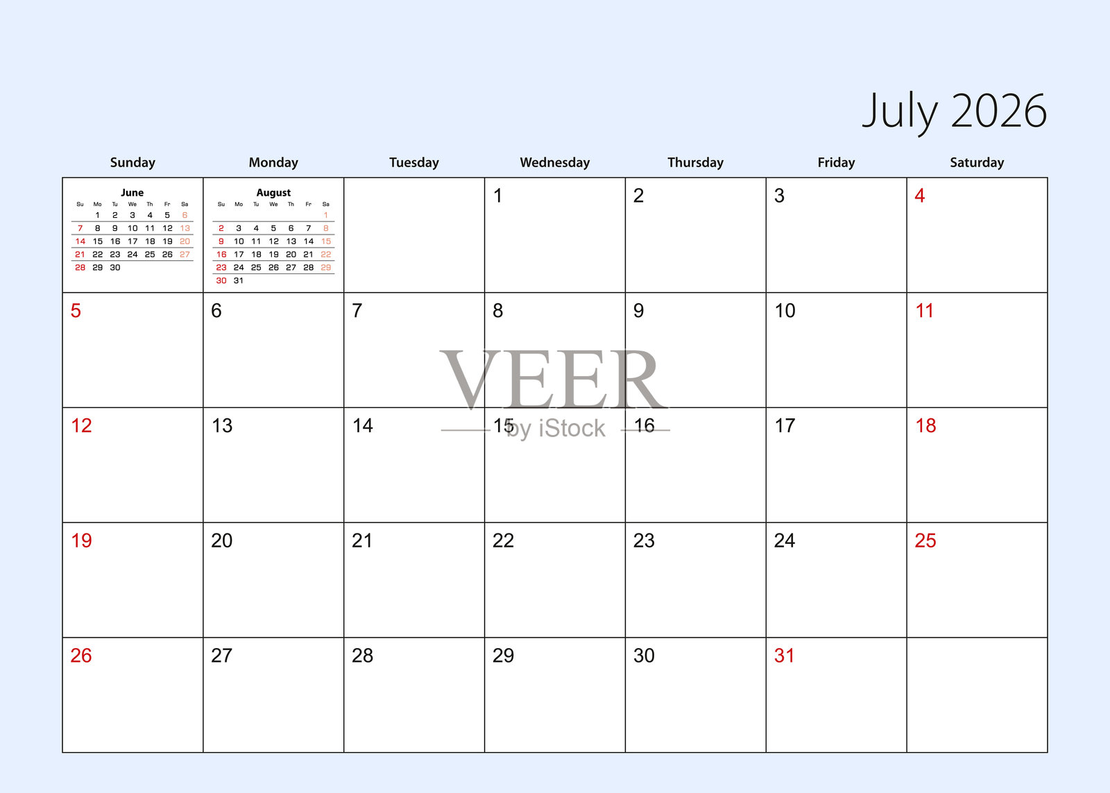 2026年7月英文日历计划表，星期日开始插画图片素材
