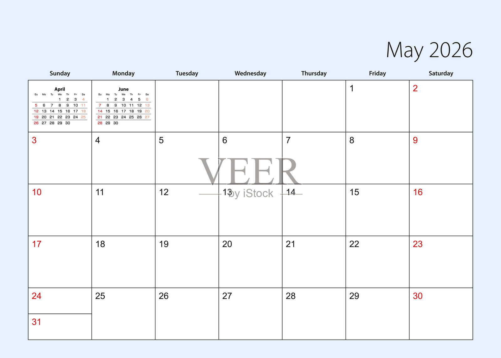 2026年5月墙历日程表。英文，星期日开始。插画图片素材