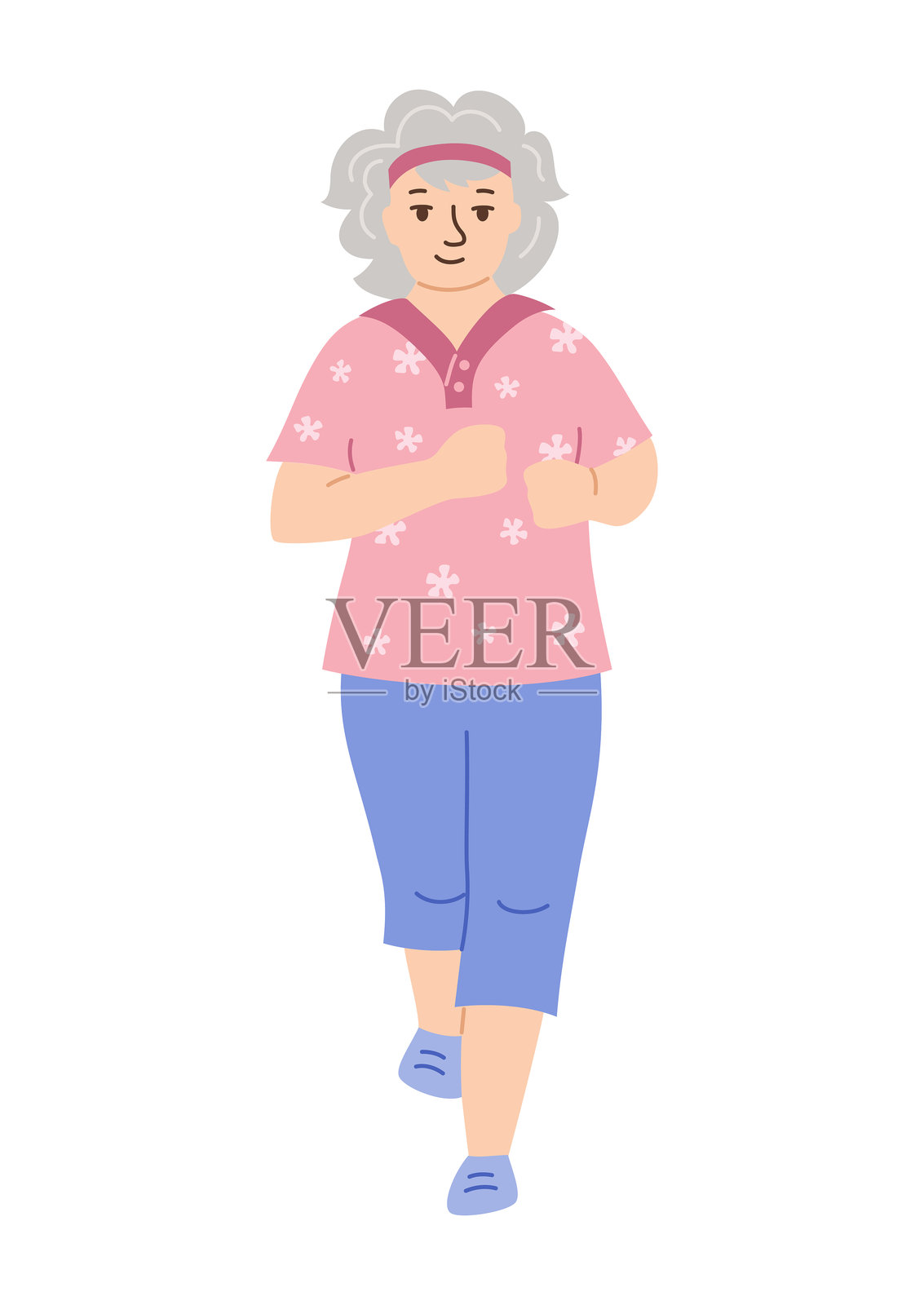 老年女性慢跑比赛，成年女士有氧运动，有趣的跑步者矢量图。插画图片素材