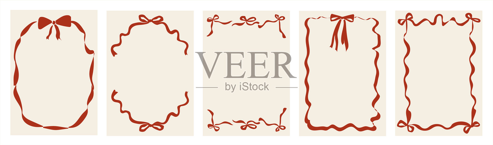 复古蝴蝶结边框，用于贺卡、婚礼和生日请柬、野餐和早午餐菜单，风格可爱。手绘丝带边框插画，适用于社交媒体模板和派对装饰。插画图片素材