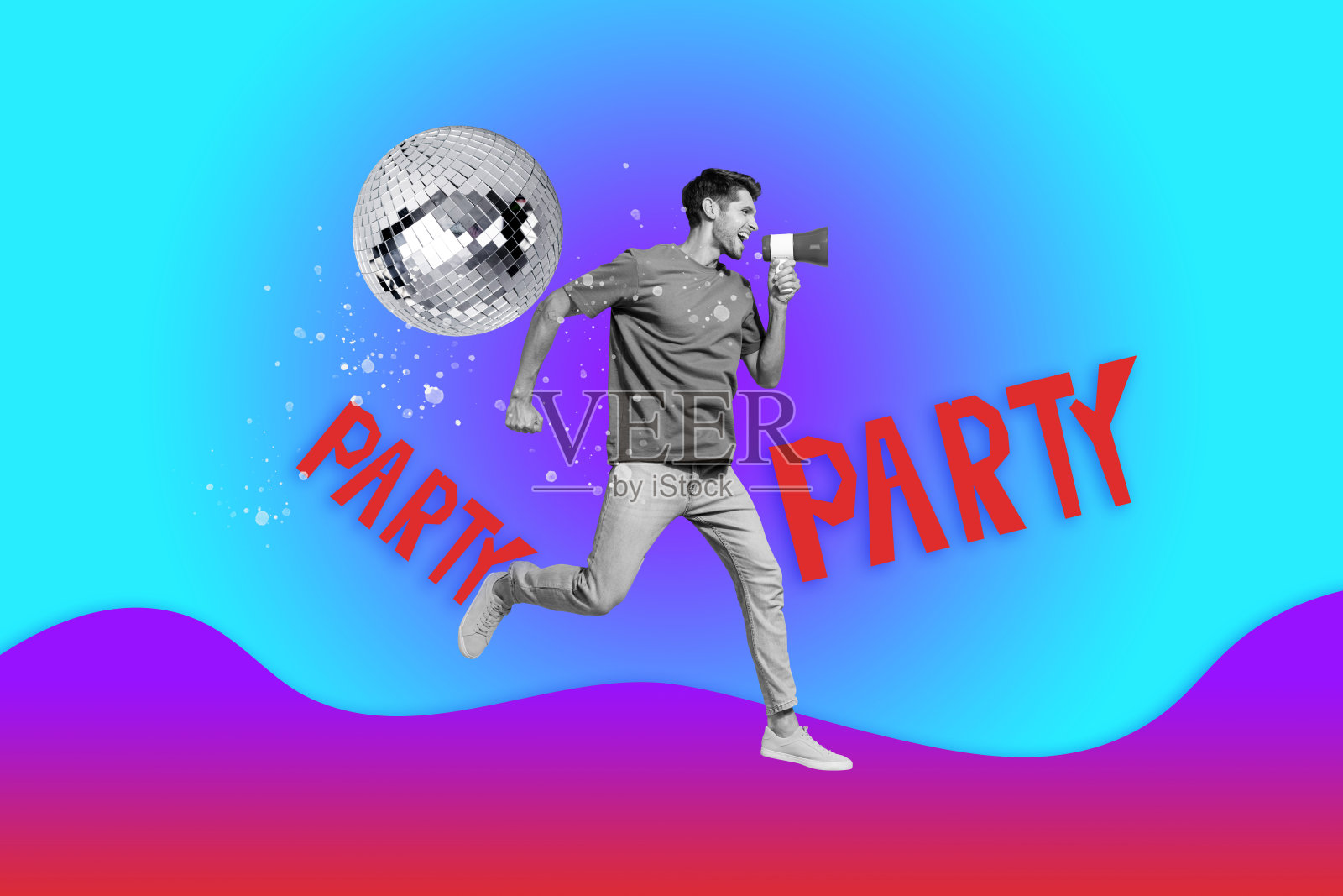 拼贴画：滑稽的男人和女人，身上覆盖着亮片，背景是过时的迪斯科球、电话和录音机，置身于充满活力的复古派对舞场。照片摄影图片