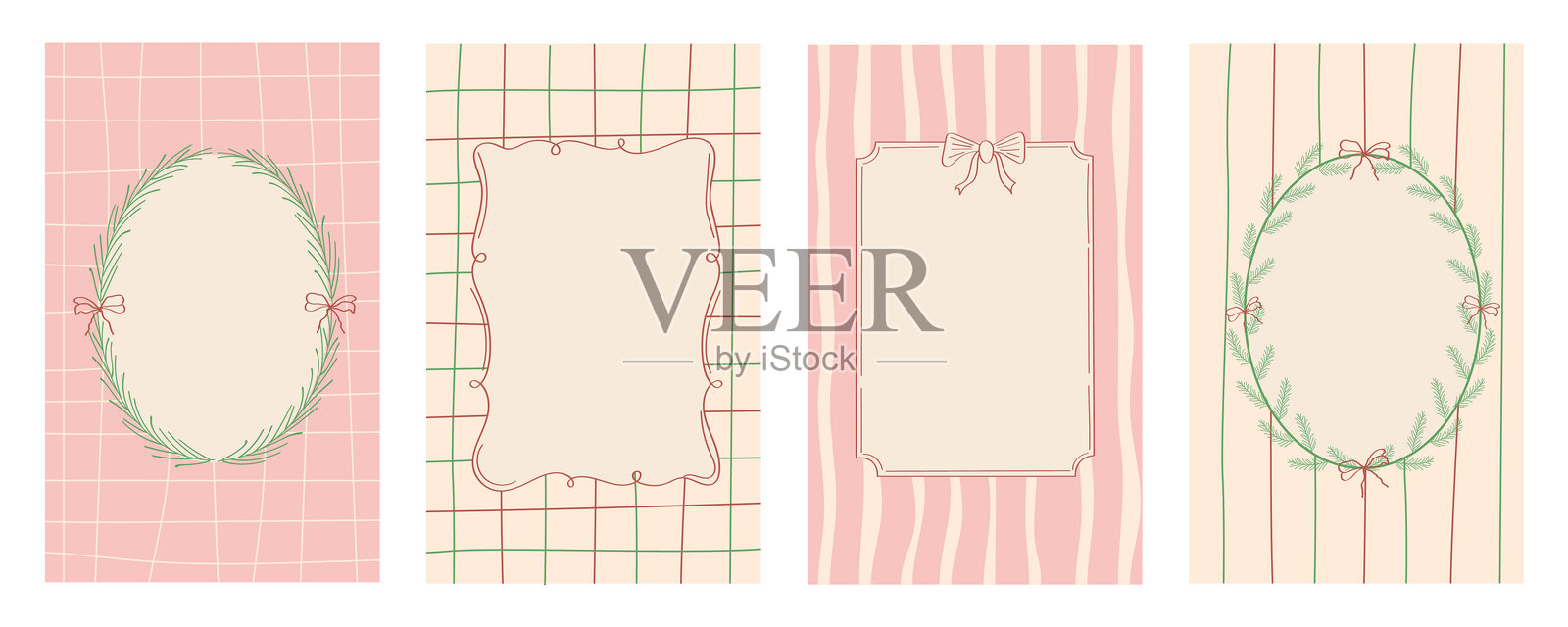 一套手绘圣诞边框，带有复古红、绿、粉色背景。极简、优雅的涂鸦边框，非常适合复古风格的圣诞贺卡、邀请函、海报或横幅。插画图片素材