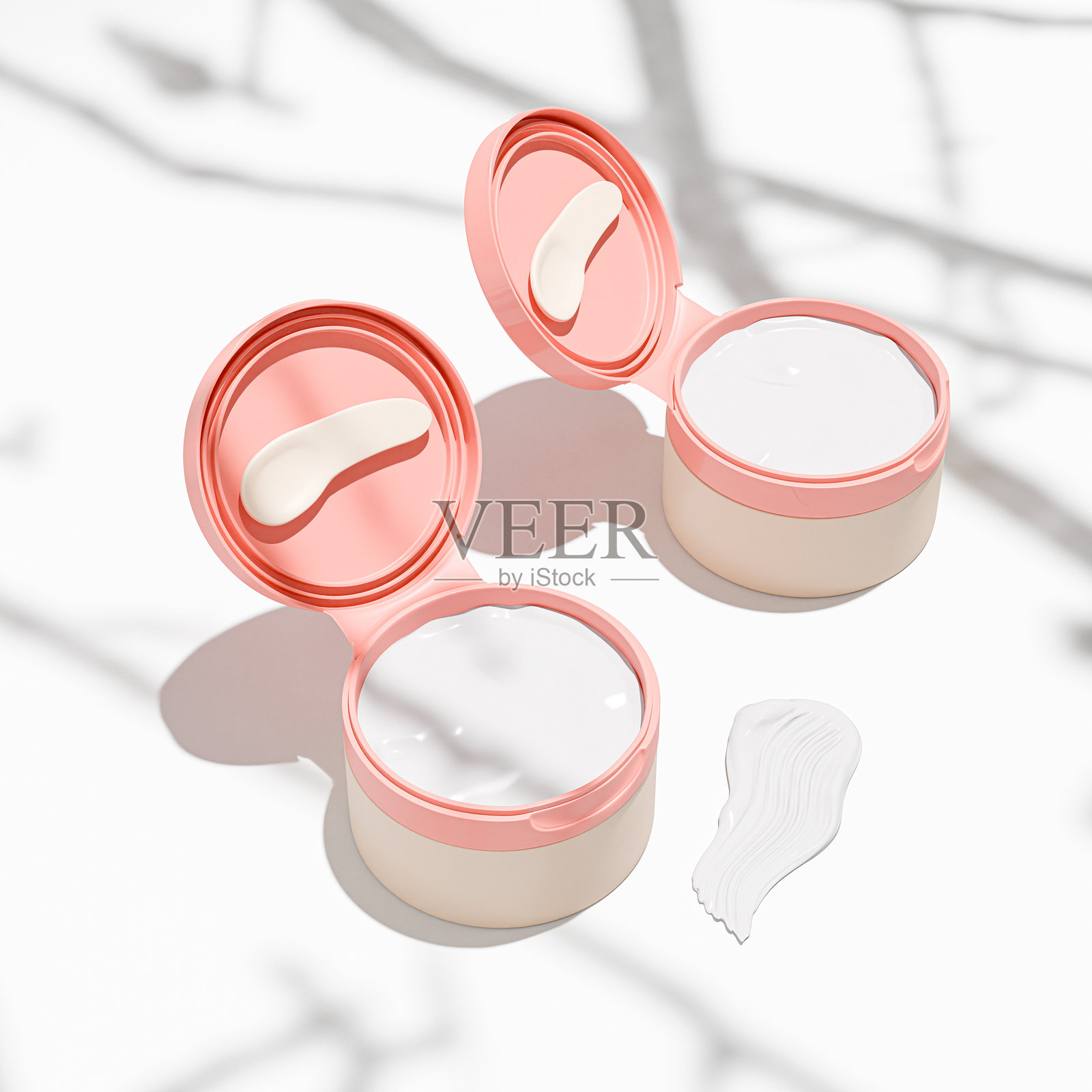 蜜桃色潮流塑料护肤品容器，带翻盖的化妆品罐，宽口奶油罐带翻盖，化妆清洁膏包装，身体磨砂膏产品瓶模型照片摄影图片