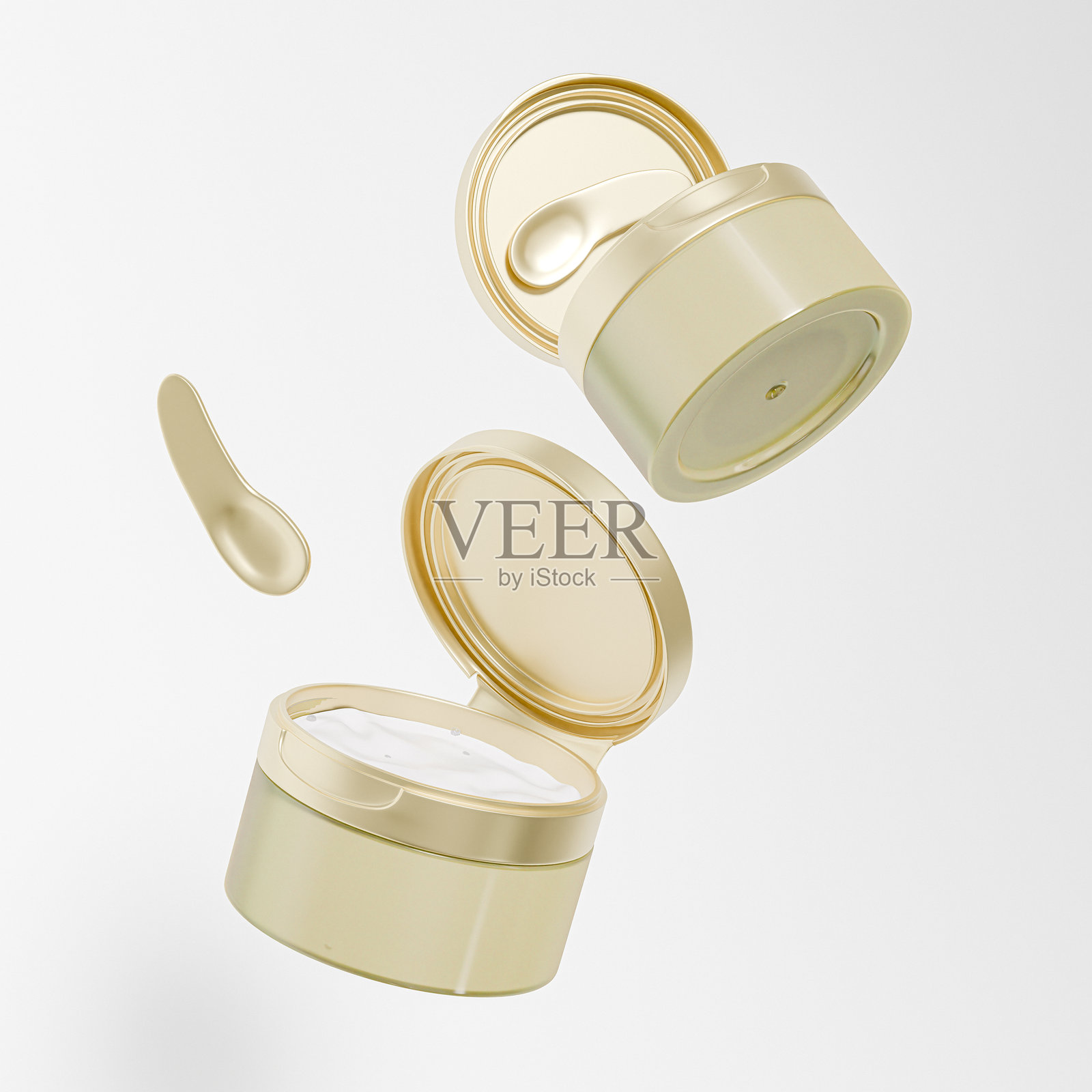 金色膏霜罐带翻盖瓶盖模型，金属圆柱形护肤罐模型，圆柱形面膜塑料包装，广口电镀化妆品护肤罐容器模型照片摄影图片