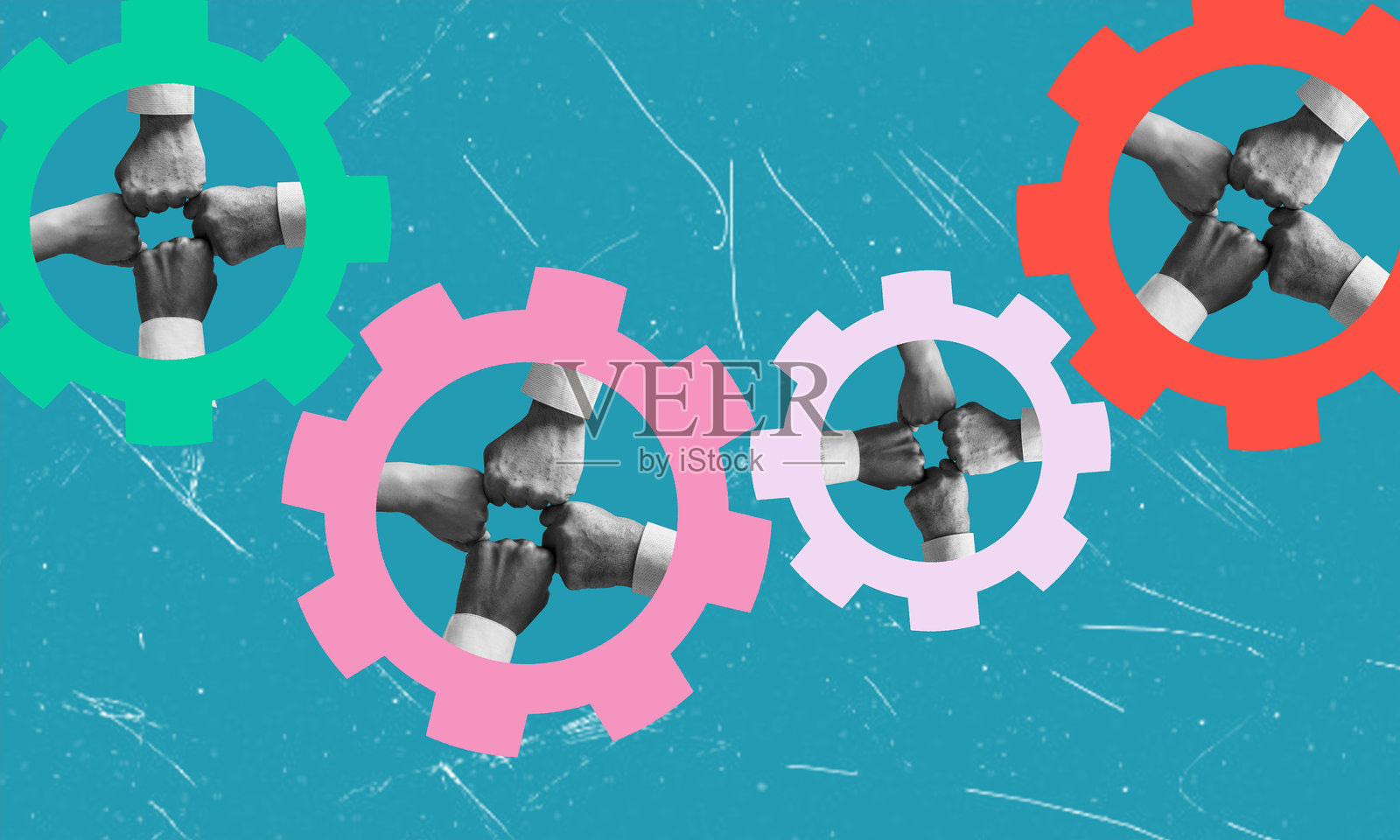 手推动齿轮前进：创造有效的商业解决方案，现代艺术拼贴，连贯的业务流程照片摄影图片