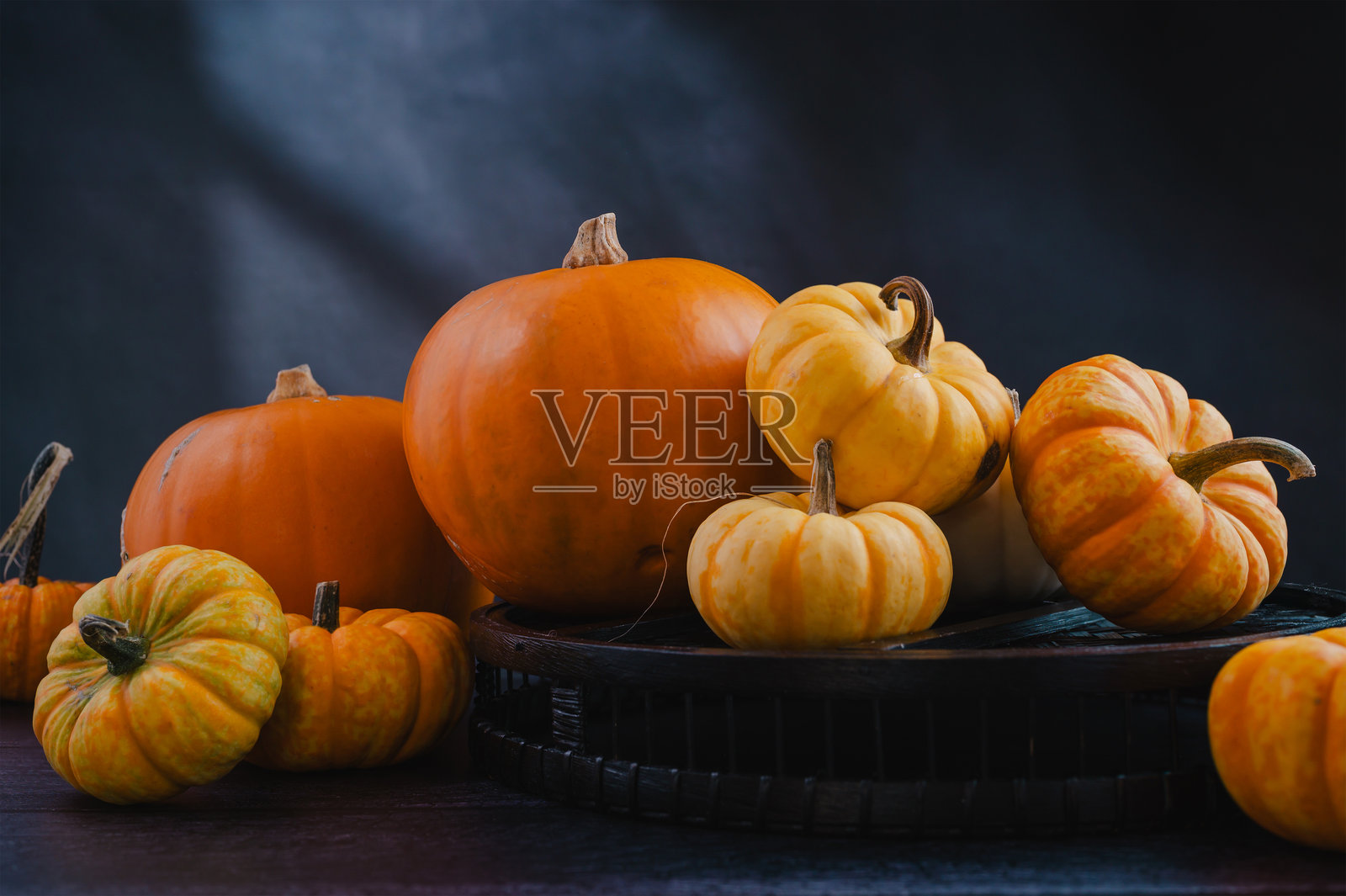 明亮背景下的橙色南瓜群，抽象秋季，概念照片摄影图片