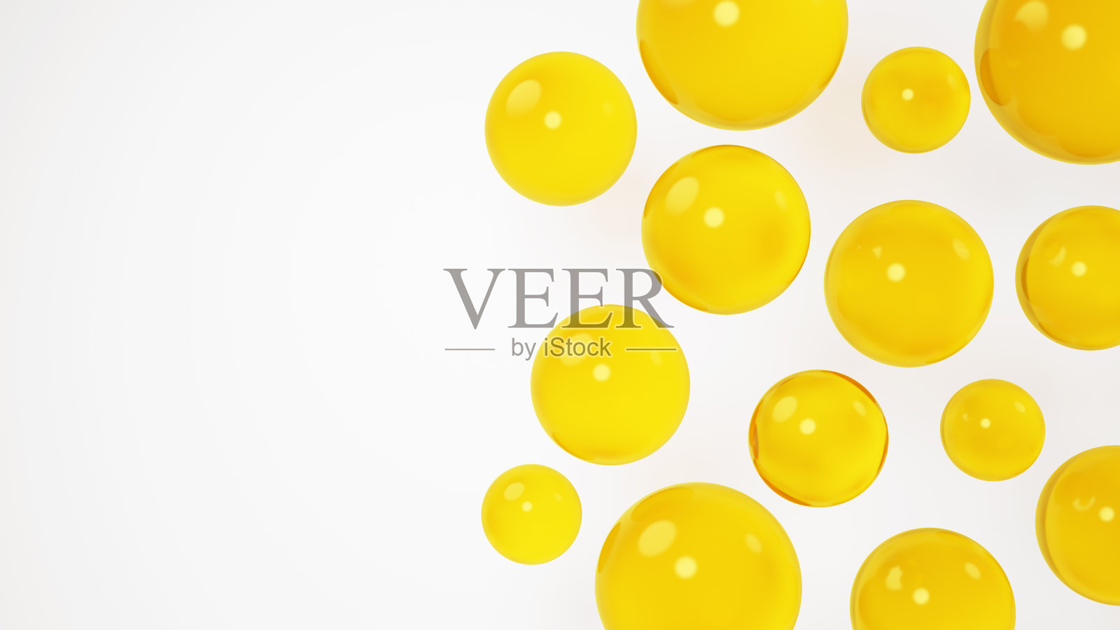 3D插画。白色背景上的多个黄色水滴。背景素材。留白。(横版)照片摄影图片