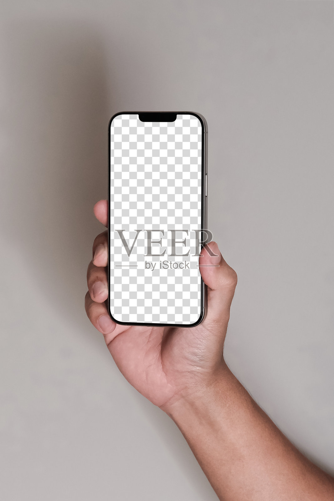 手持无边框手机模型。工作室拍摄模板，透明背景，用于信息图表网站设计应用广告。照片摄影图片