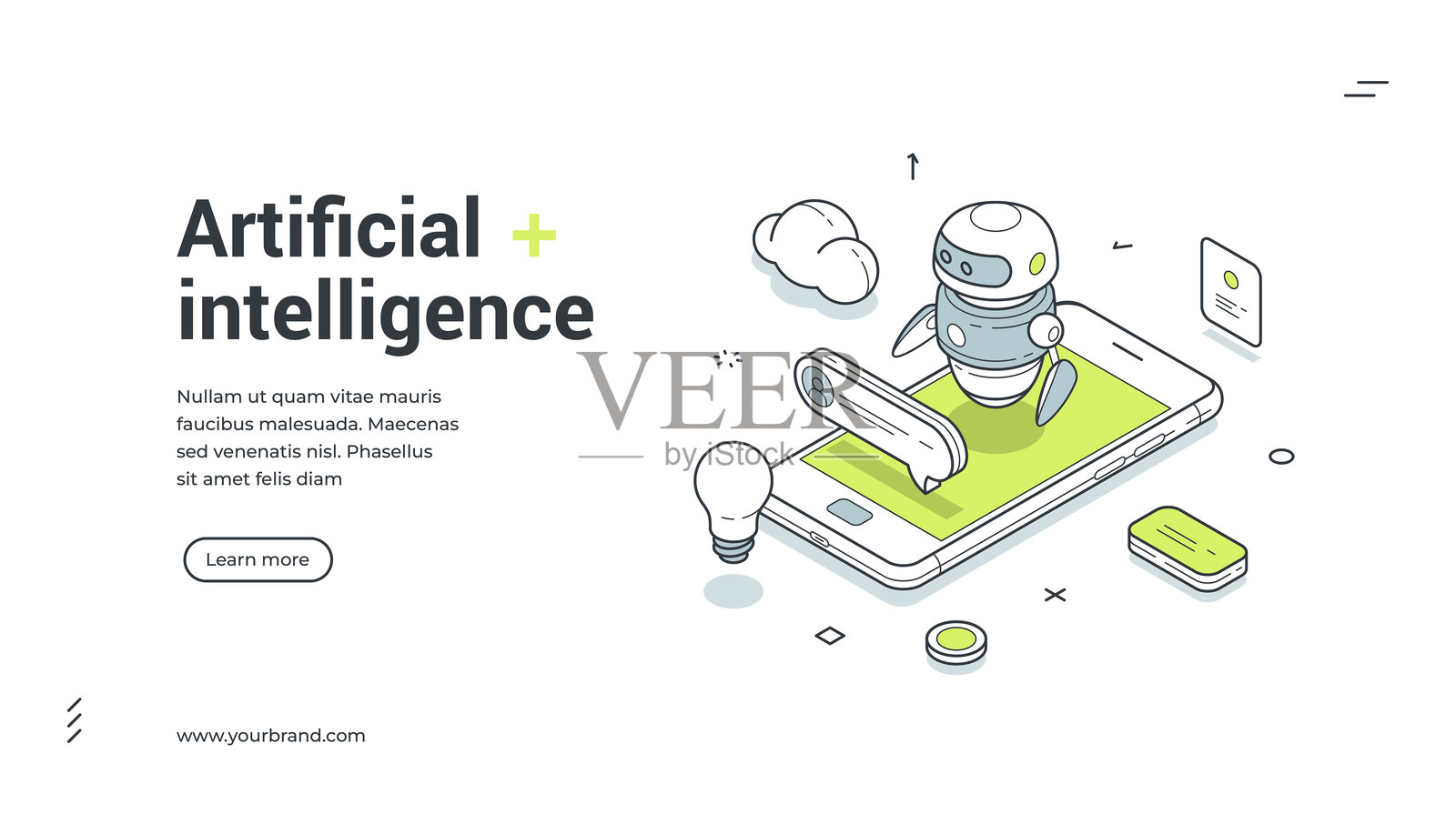 人工智能辅助智能手机应用程序等距网页横幅设计模板矢量图插画图片素材