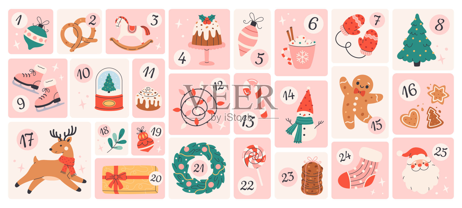 可爱的圣诞倒计时日历。温馨的节日十二月倒计时，内含礼物和糖果。非常适合用于圣诞贺卡、海报、包装纸和季节性设计项目。平面矢量插画。插画图片素材