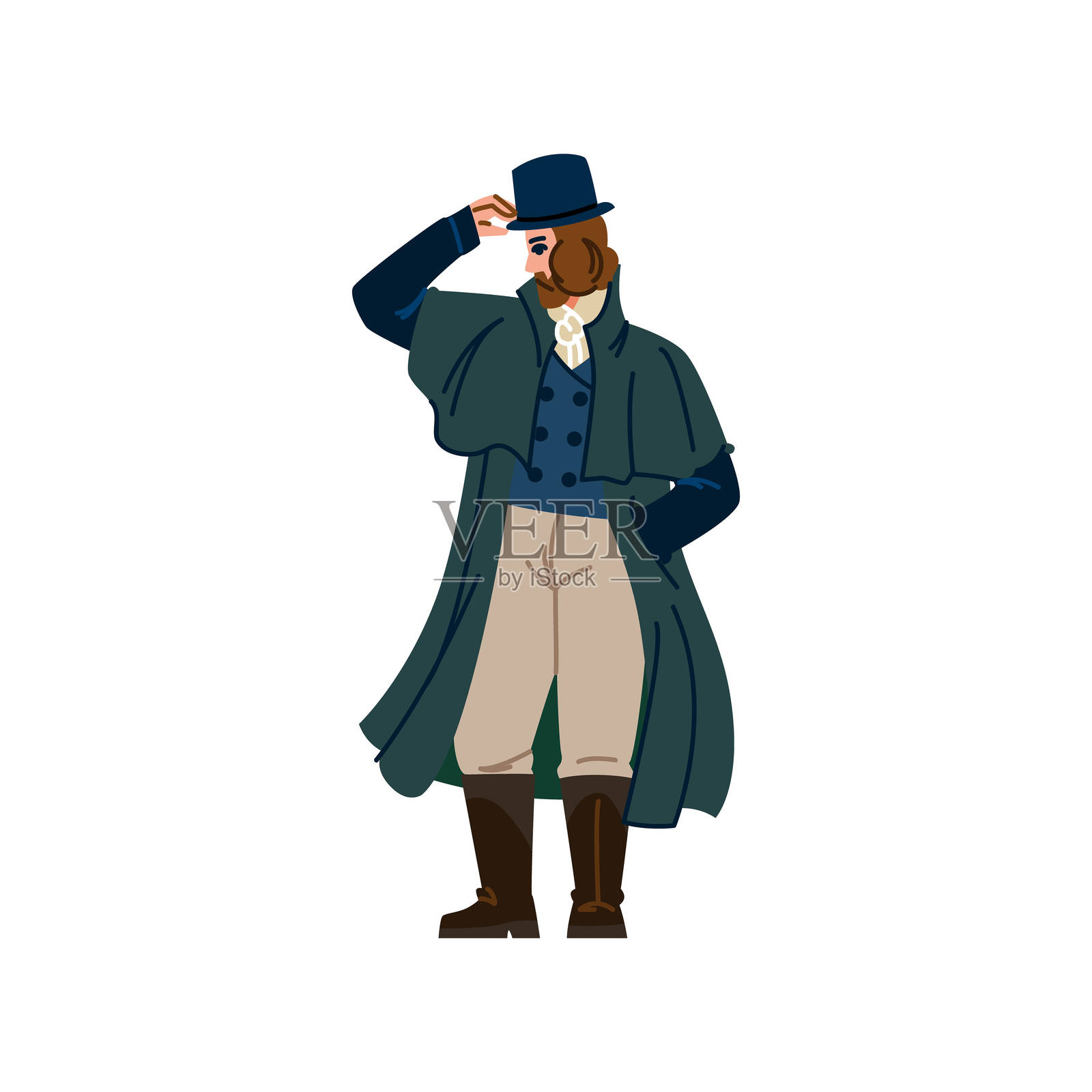 身着19世纪服饰的优雅绅士正在脱帽致意插画图片素材