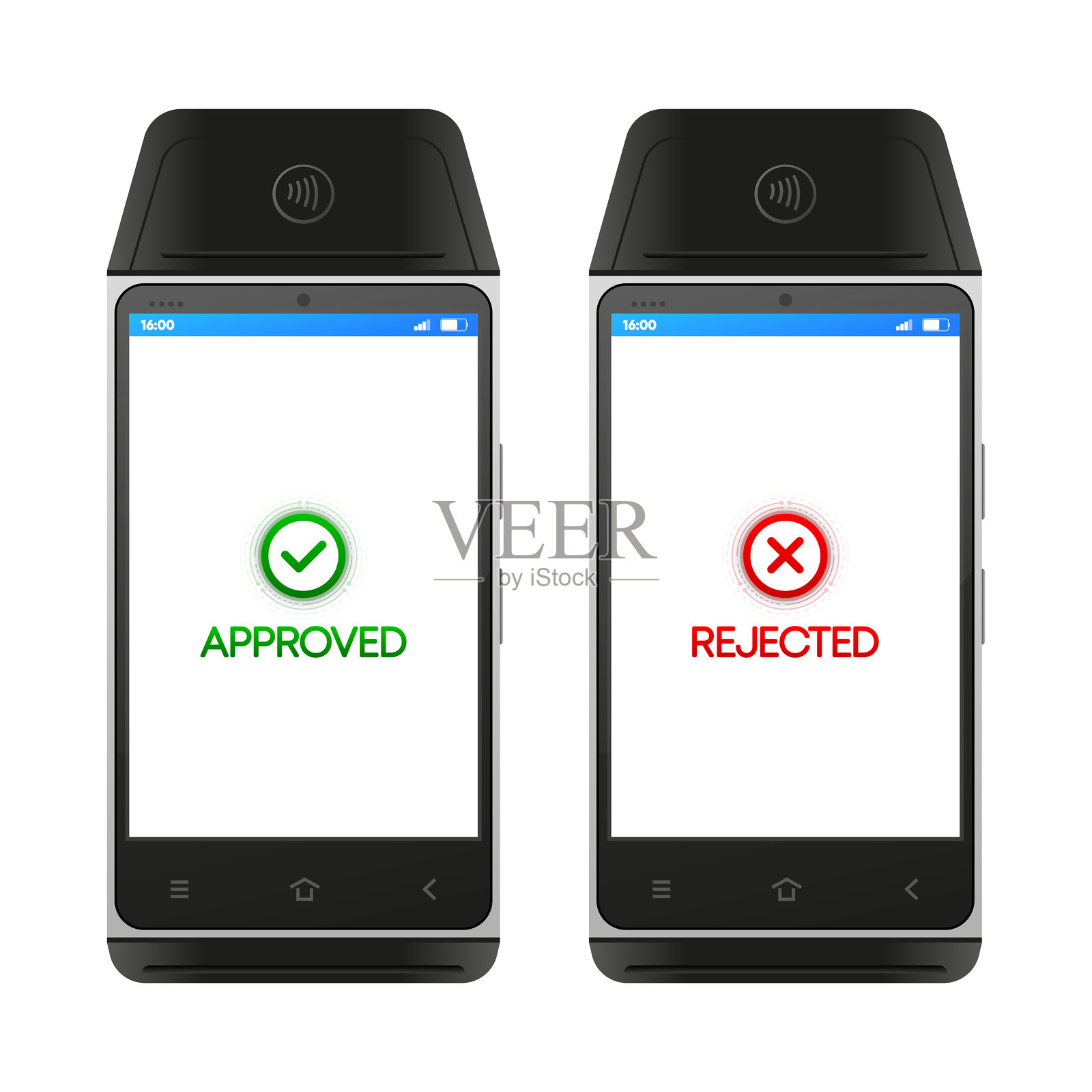 逼真的POS终端。NFC技术非接触式信用卡支付。支付交易已批准或被拒绝。矢量插图。插画图片素材