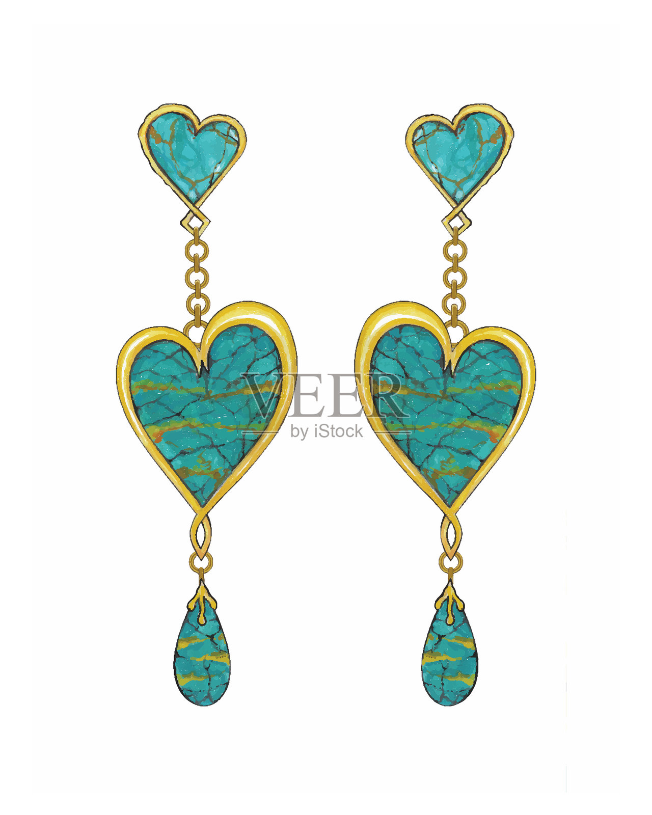 绿松石珠宝设计的爱心金色耳环。插画图片素材