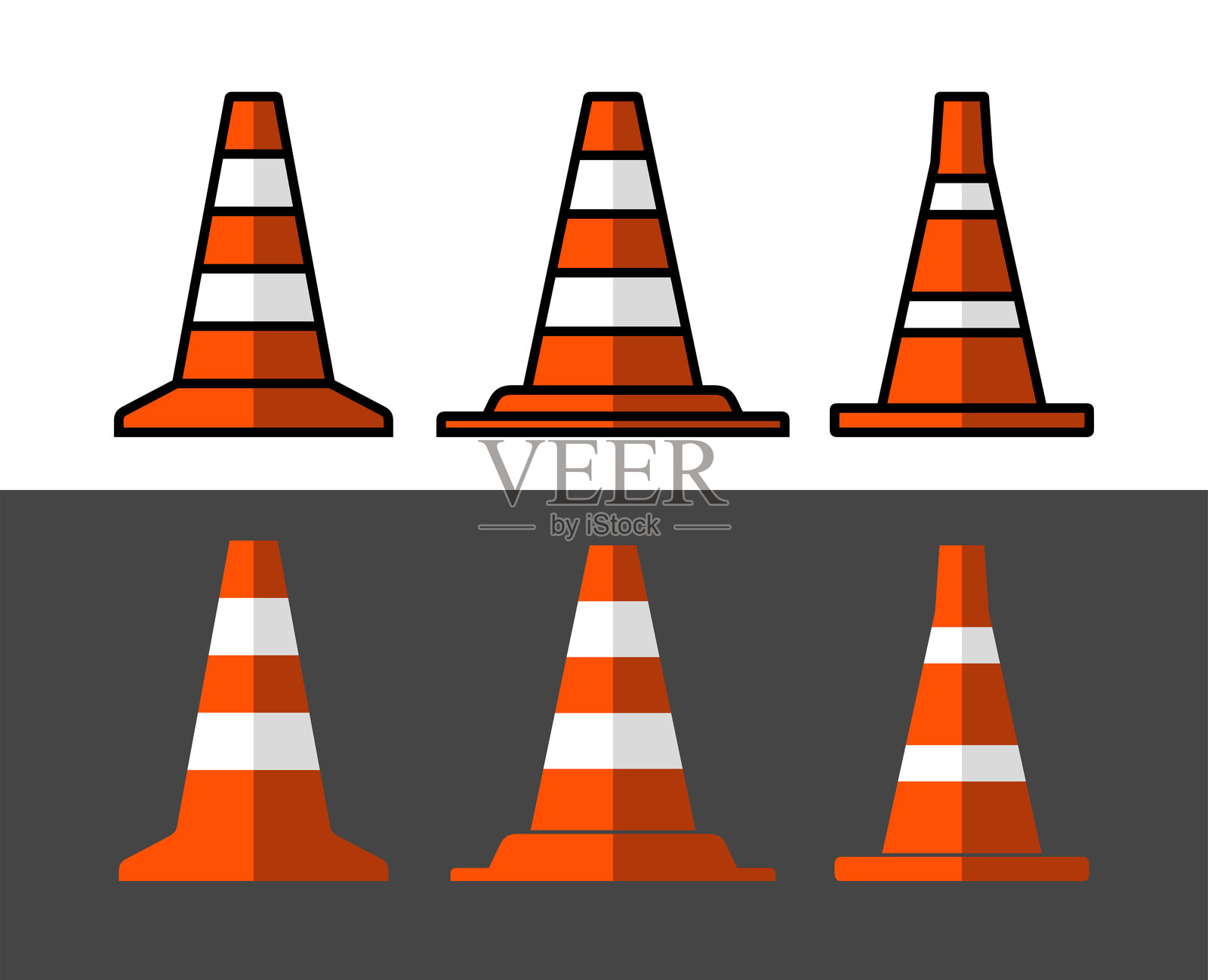 立体交通锥图标。汽车符号，用于道路标记的橙色塑料锥。危险路段、道路施工或事故的指定或围栏。插画图片素材