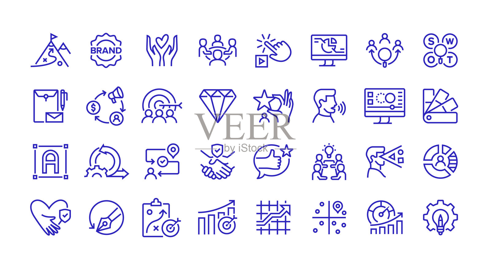 品牌战略线条图标集。物品组。使命、品牌愿景、核心价值观、团队、会议、市场、标志设计、品牌认知。插画图片素材