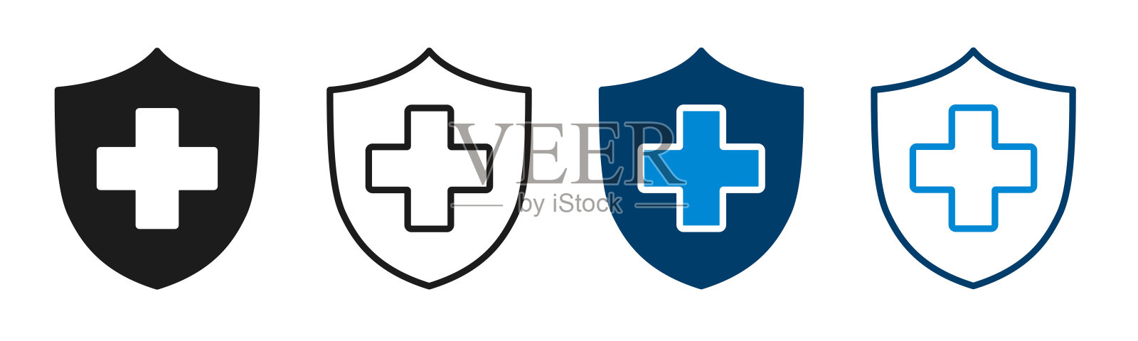 健康保险图标集，保险健康，带有十字加号的医疗健康保护盾，医疗保健药物保护盾概念，安全徽章，安保保障标签插画图片素材