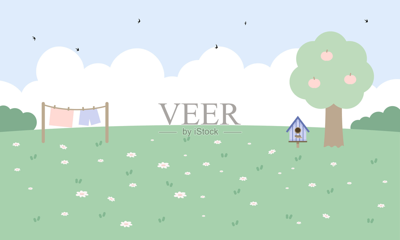 可爱卡通风的风景背景，包含草地、鲜花和天空插画图片素材