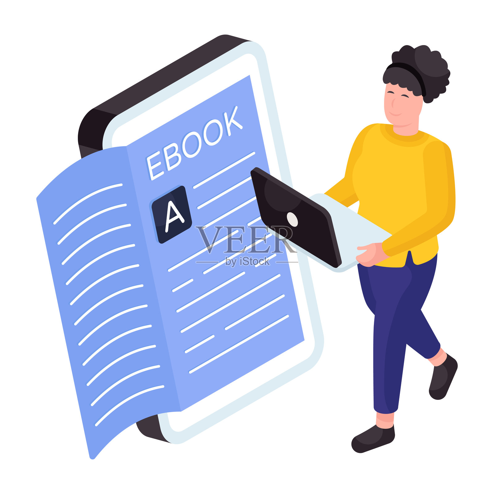 概念性等距设计插画，描绘了一本手机书插画图片素材
