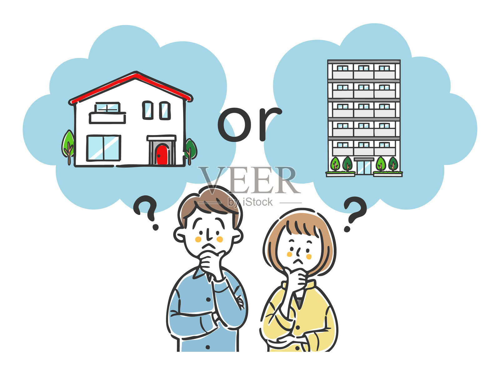 一对夫妇在公寓和房子之间犹豫不决的矢量图插画图片素材