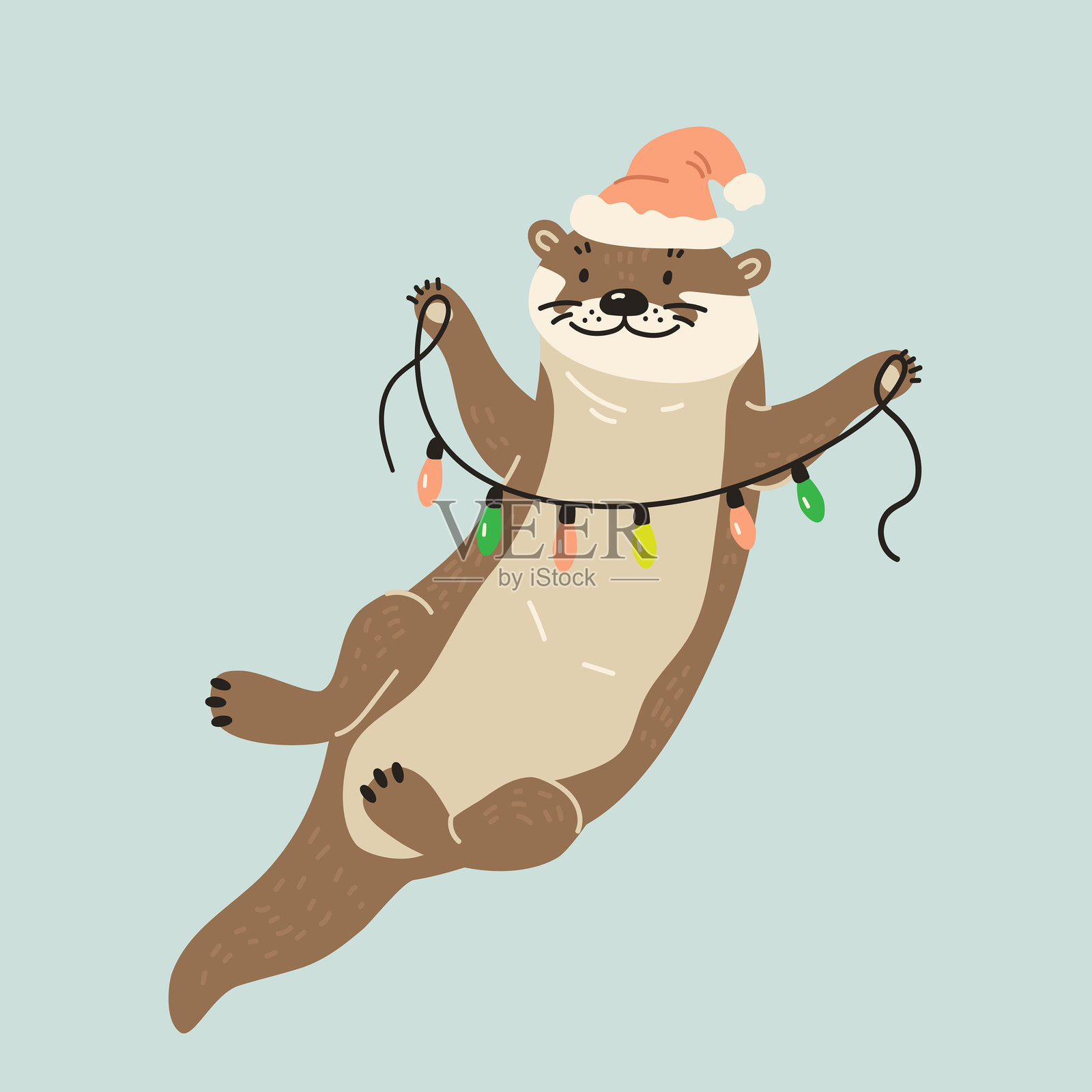 可爱水獭戴着新年帽，爪子里拿着一串彩色灯饰的矢量插画。扁平化风格。插画图片素材